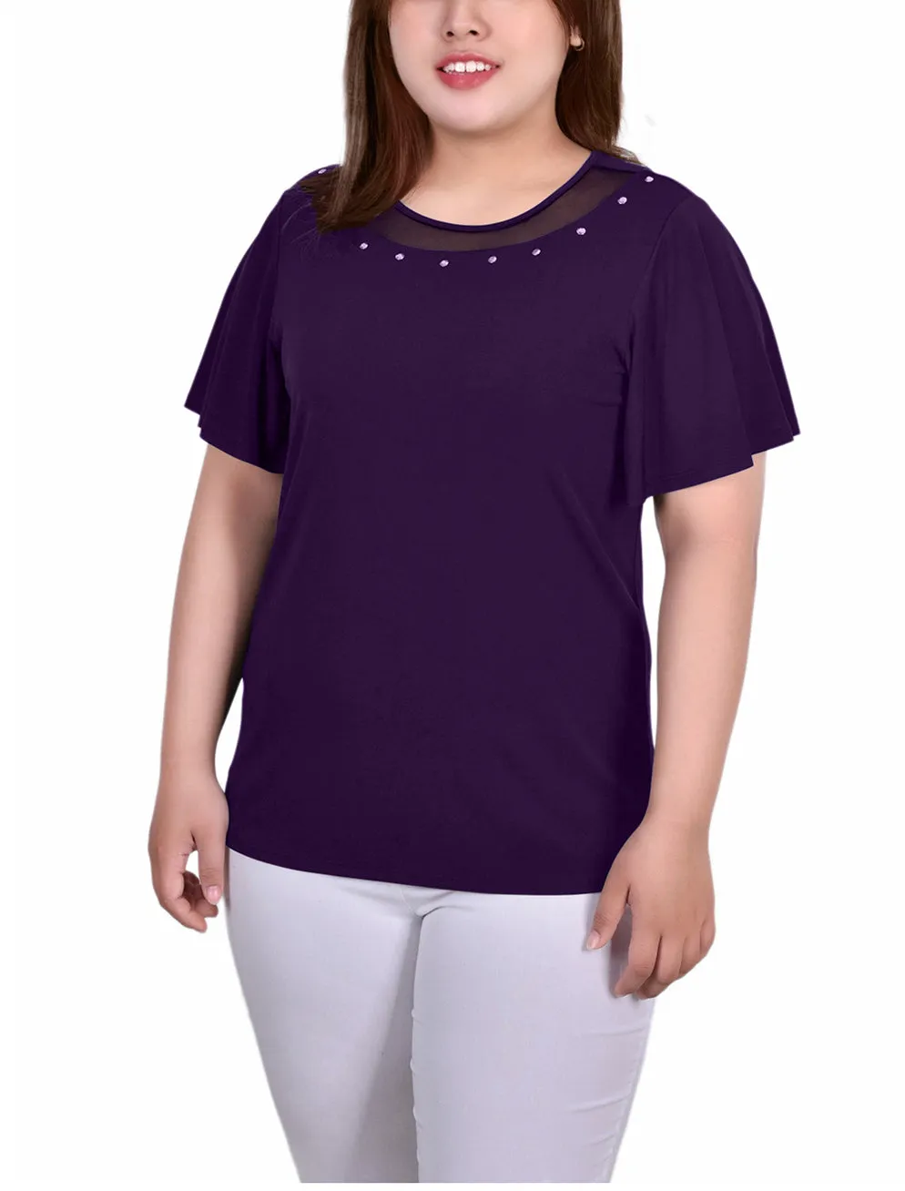 Plus Size Short Sleeve Knit Top With Sheer Inset SustainableBlend Comfortable Cut