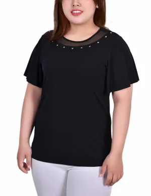 Casual dress Ribbed Trim Details Plus Size Short Sleeve Knit Top With Sheer Inset