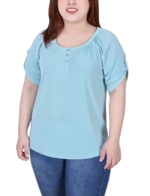 Plus Size Short Sleeve Round Neck Henley Top HypoallergenicFibers Drop Shoulder Cut
