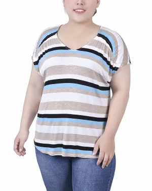 Plus Size Short Sleeve Striped V Neck Top Summer Polo