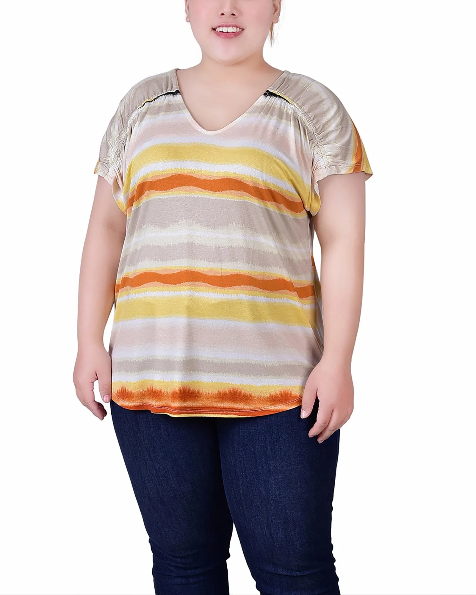 Plus Size Short Sleeve Striped V Neck Top Quick Dry Feature HeatRegulating