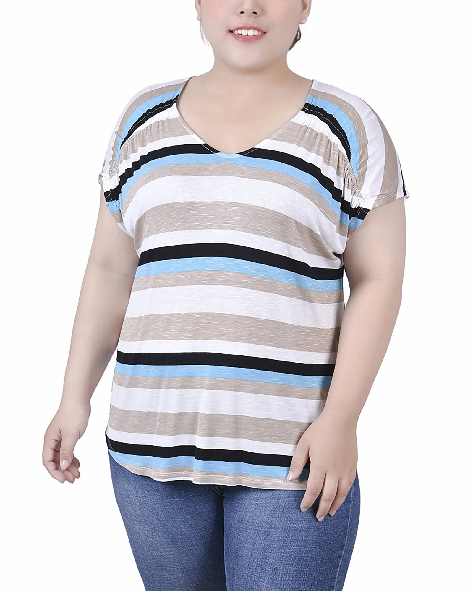 Anti Static Cloth Blend Plus Size Short Sleeve Striped V Neck Top