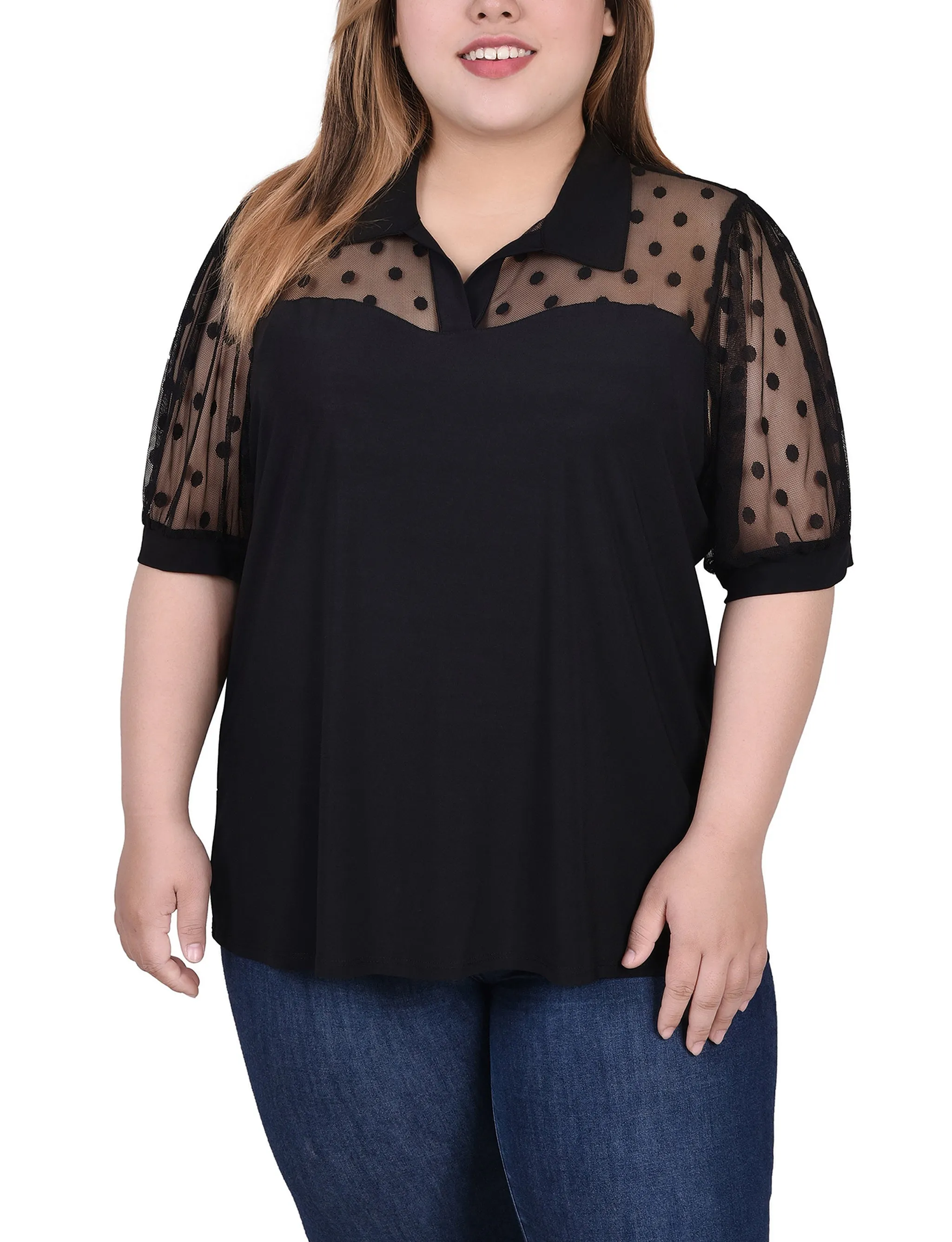 Plus Size Short Sleeve Top With Dotted Mesh FadeResistant Treatment Tear Resistant Reinforcement