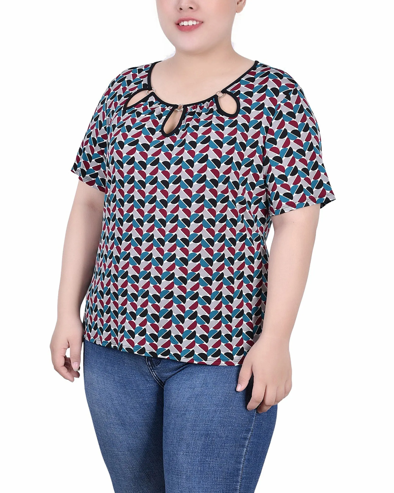 ButterSoftTexture Plus Size Short Sleeve Top With Ring Details