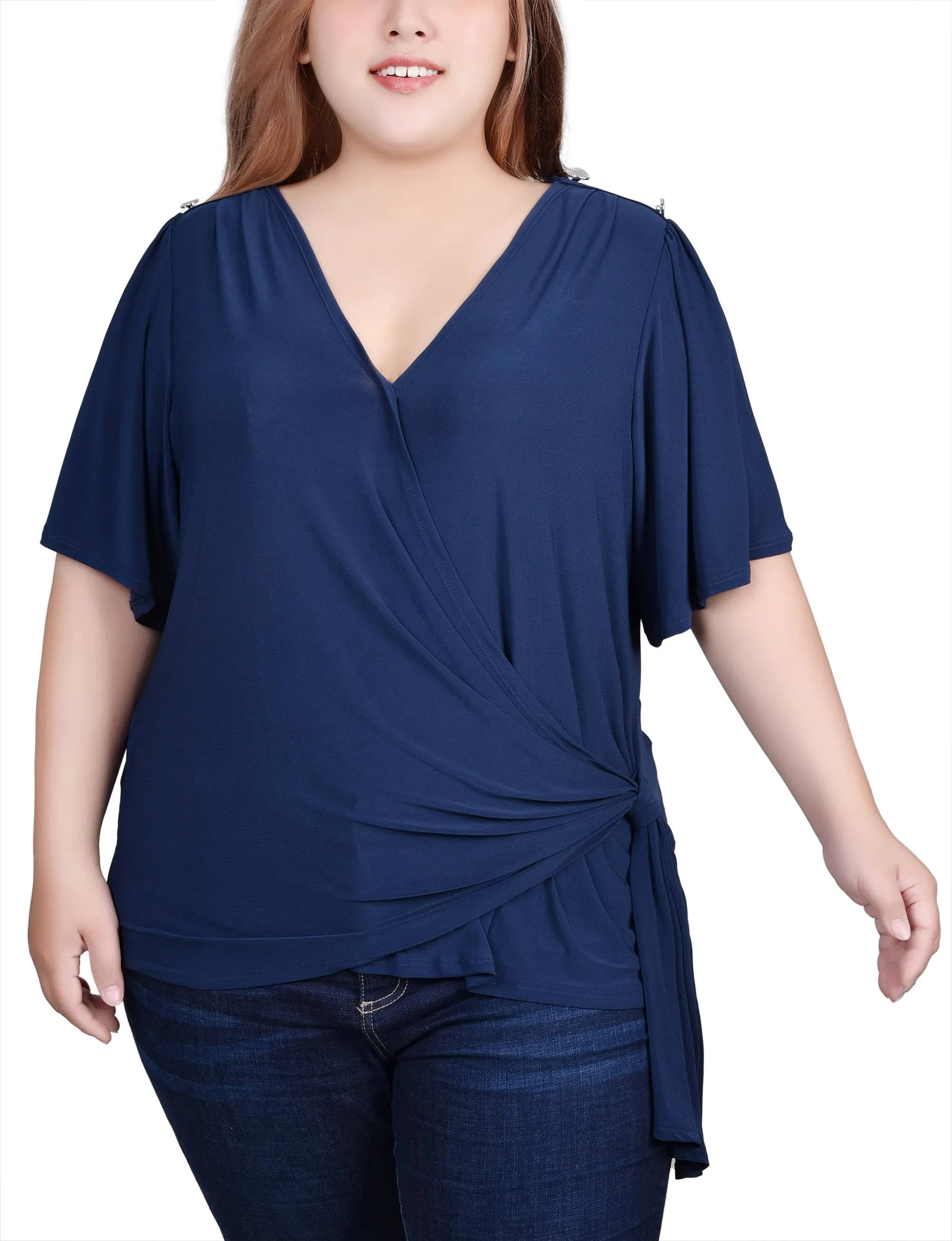Convertible Sleeve Adaptation Flattering Drape Plus Size Short Sleeve Wrap Top