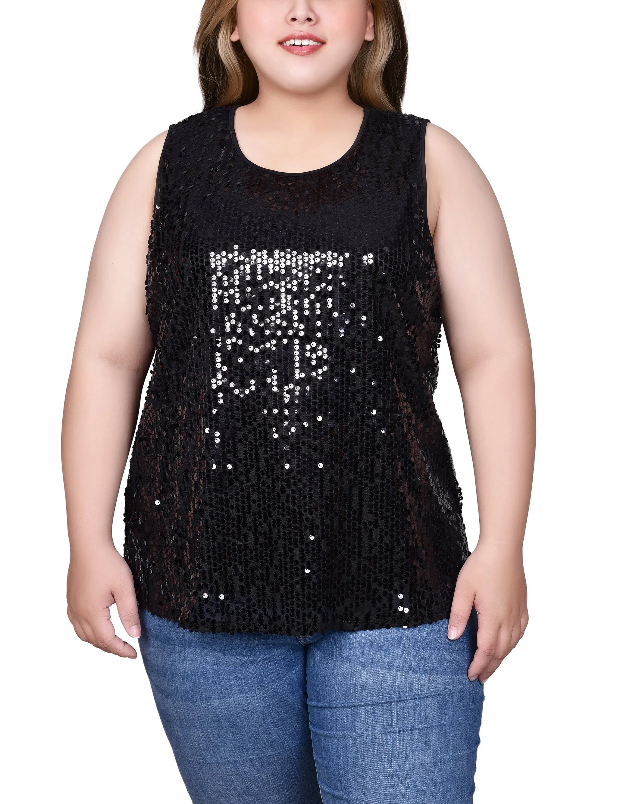 Plus Size Sleeveless Sequined Tank Top With Combo Banding OdorResistantTreatment