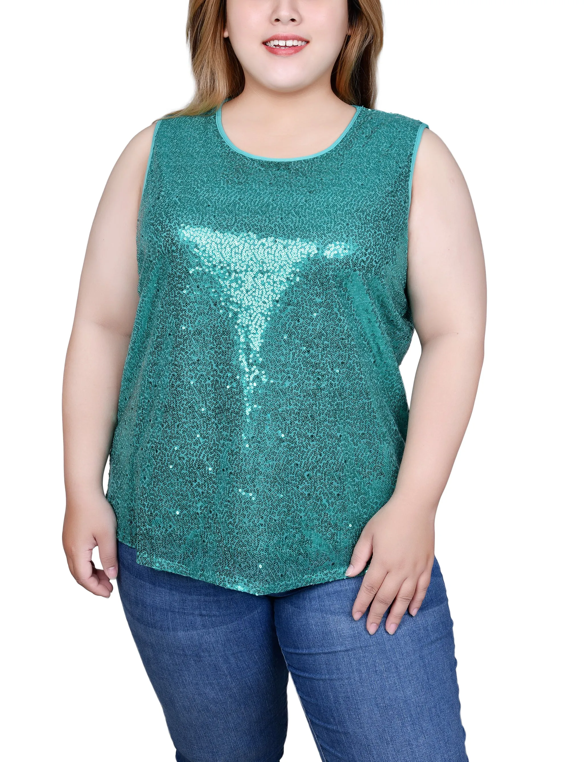 EcoFriendly Dye Process YarnBlend Plus Size Sleeveless Sequined Tank Top With Combo Banding