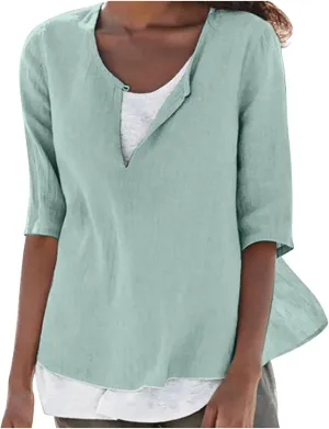 Plus Size Women Linen Shirts Crew Neck Short Sleeve Solid Tshirts 2025 Summer Beach Vacation Tops Casual Loose Blouse