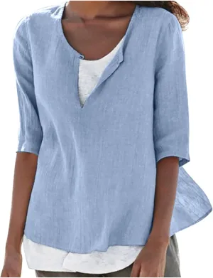 Plus Size Women Linen Shirts Crew Neck Short Sleeve Solid Tshirts 2025 Summer Beach Vacation Tops Casual Loose Blouse