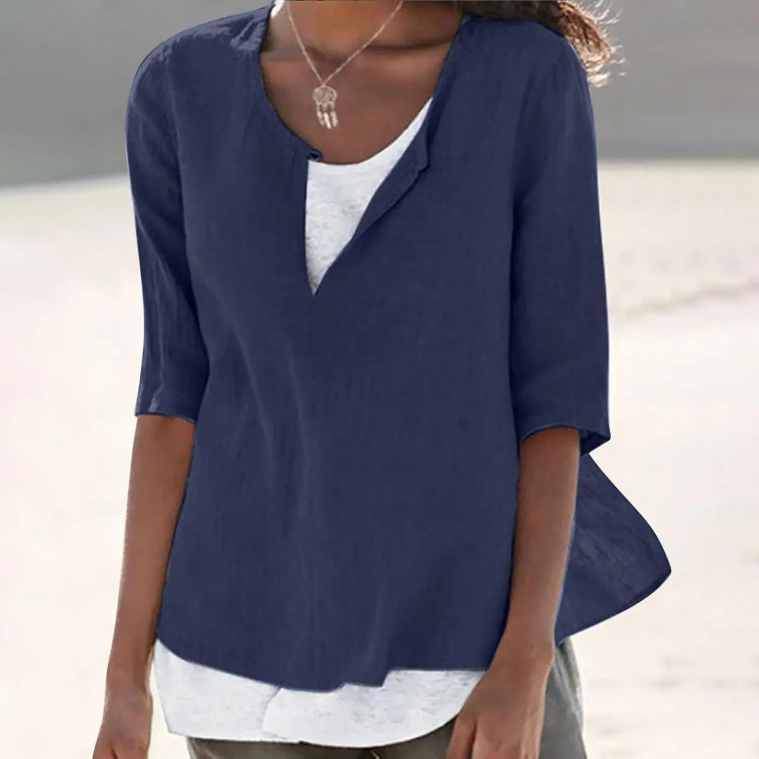 Plus Size Women Linen Shirts Crew Neck Short Sleeve Solid Tshirts 2025 Summer Beach Vacation Tops Casual Loose Blouse