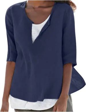 Plus Size Women Linen Shirts Crew Neck Short Sleeve Solid Tshirts 2025 Summer Beach Vacation Tops Casual Loose Blouse