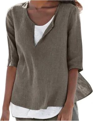 Plus Size Women Linen Shirts Crew Neck Short Sleeve Solid Tshirts 2025 Summer Beach Vacation Tops Casual Loose Blouse