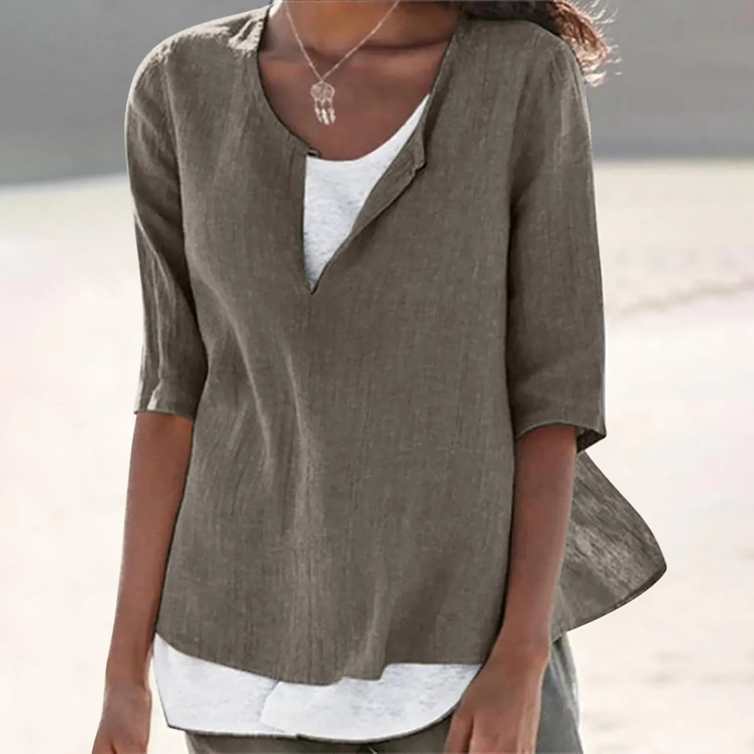Plus Size Women Linen Shirts Crew Neck Short Sleeve Solid Tshirts 2025 Summer Beach Vacation Tops Casual Loose Blouse