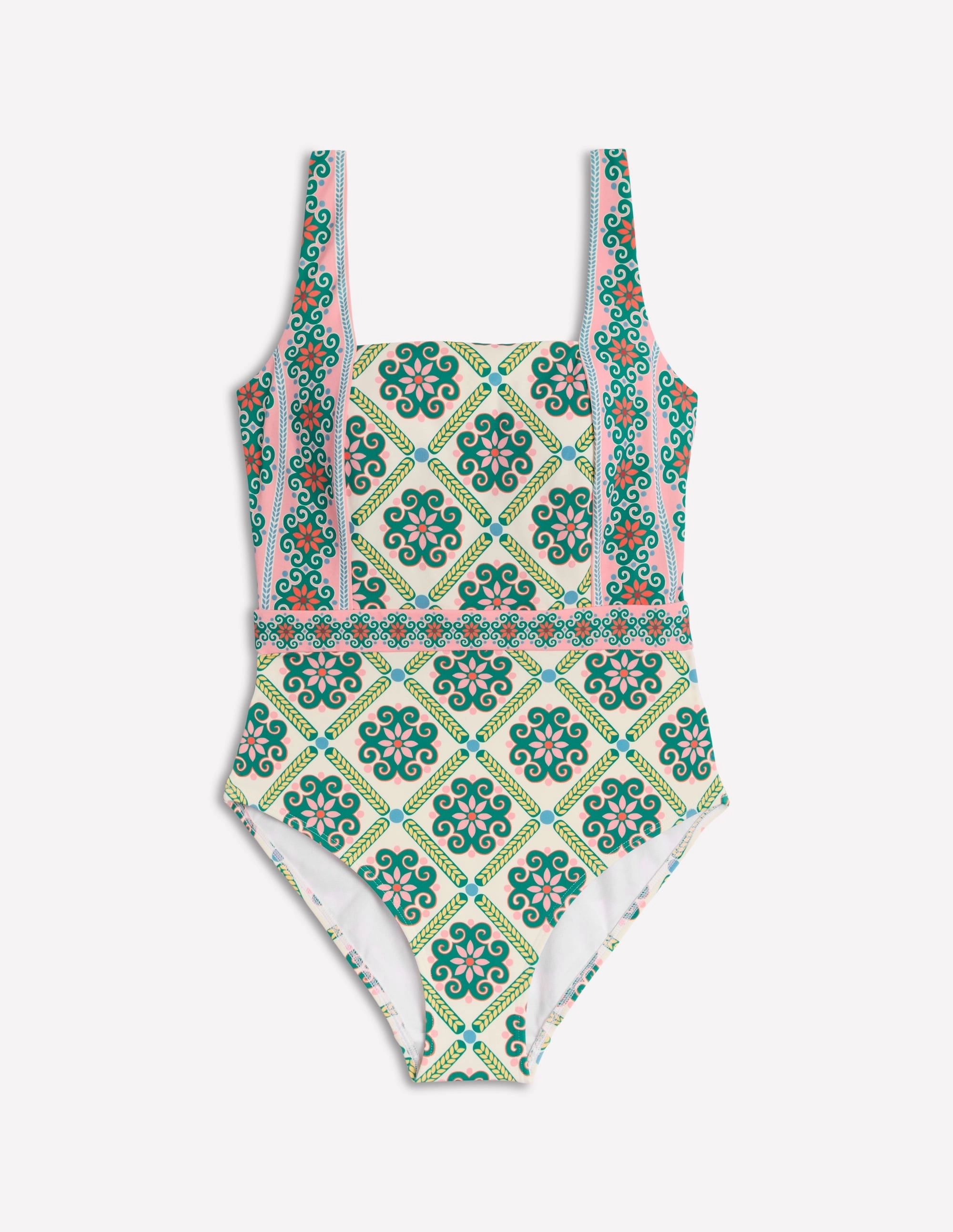 Reusable Packaging Option Water Sport Attire Lefkada Square Neck Swimsuit-Rich Emerald, Baroque Tile