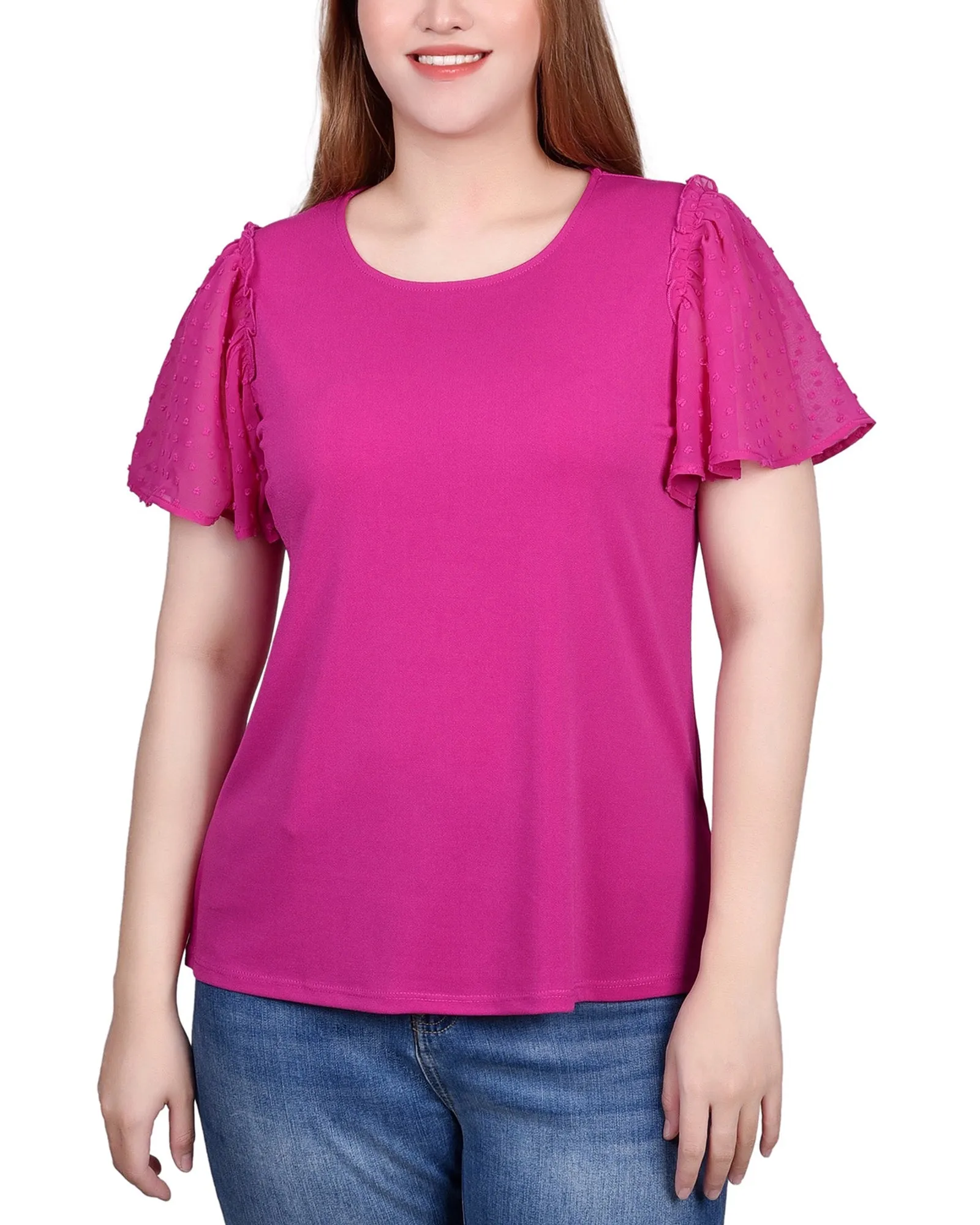 Petite Clip Dot Flutter Sleeve Top PreShrunkFabric Fade Resistant Coating