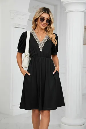 POCKET LACE V NECK BELTED SHORT SLEEVE DRESS Sleek long-sleeve dress Velvet-Edge