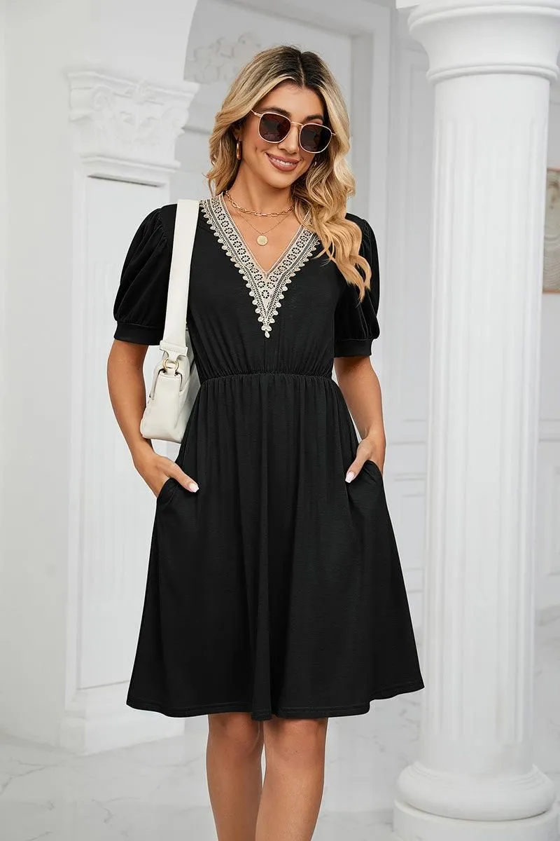POCKET LACE V NECK BELTED SHORT SLEEVE DRESS Romantic Vibes Office Friendly