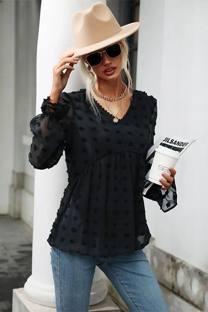 POLKA DOT LACE DETAILED V NECK CASUAL TUNIC TOP Easy to Wear