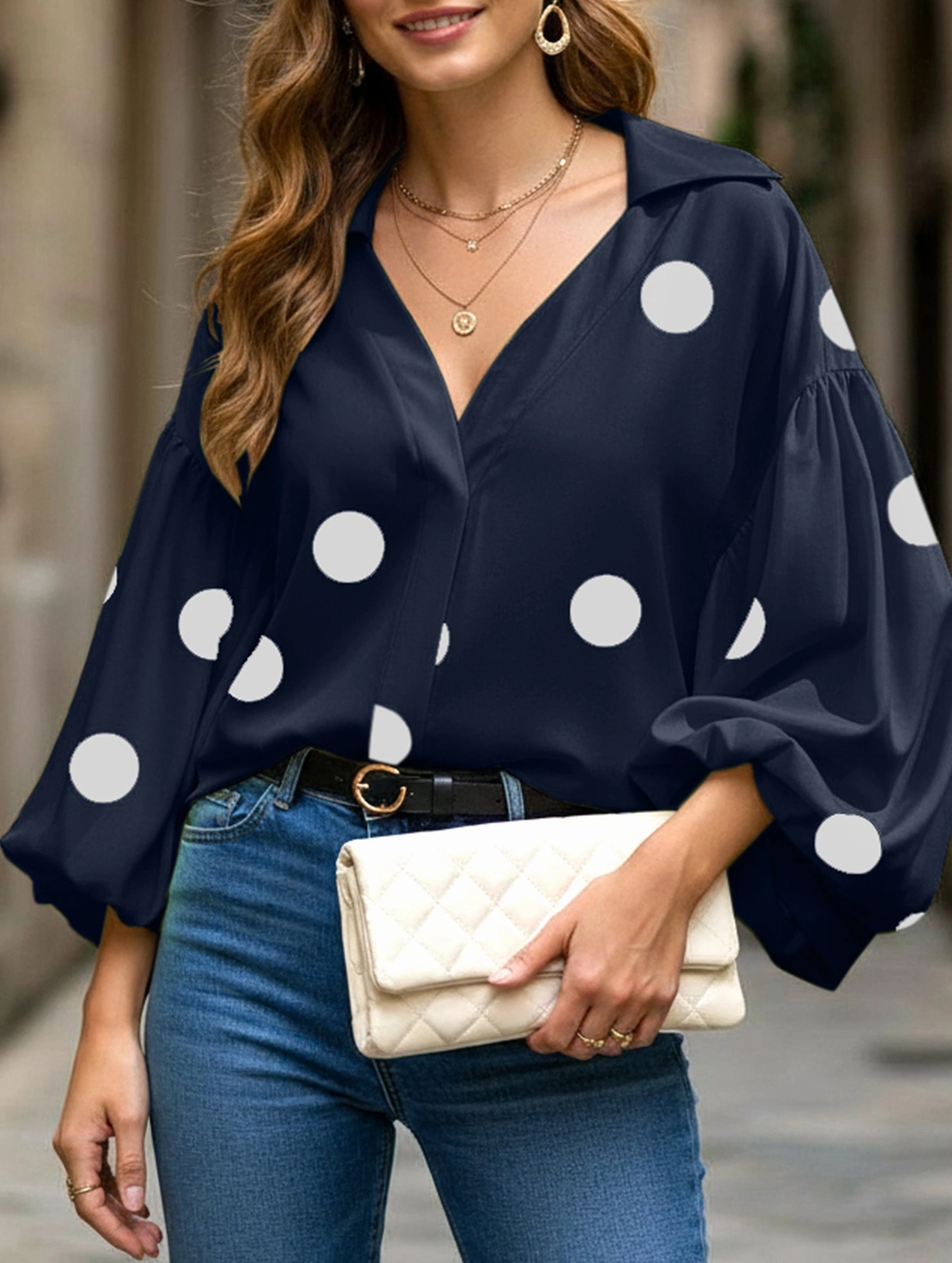 Polka dot V-neck loose bubble long-sleeved shirt Tailored Seams FlexibleLayeredConstruction