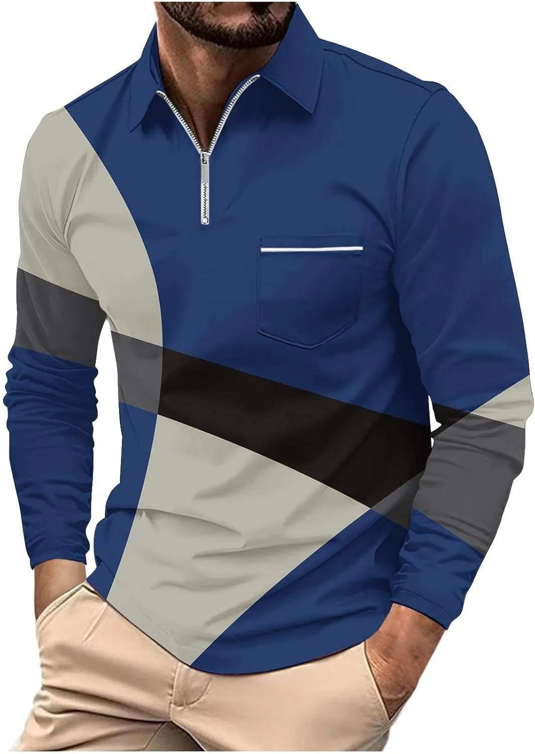 Polo Shirts for Men Cotton Business Fashion Printing Long Sleeve Lapel Zipper Pocket Mens Flannel Shirts Long