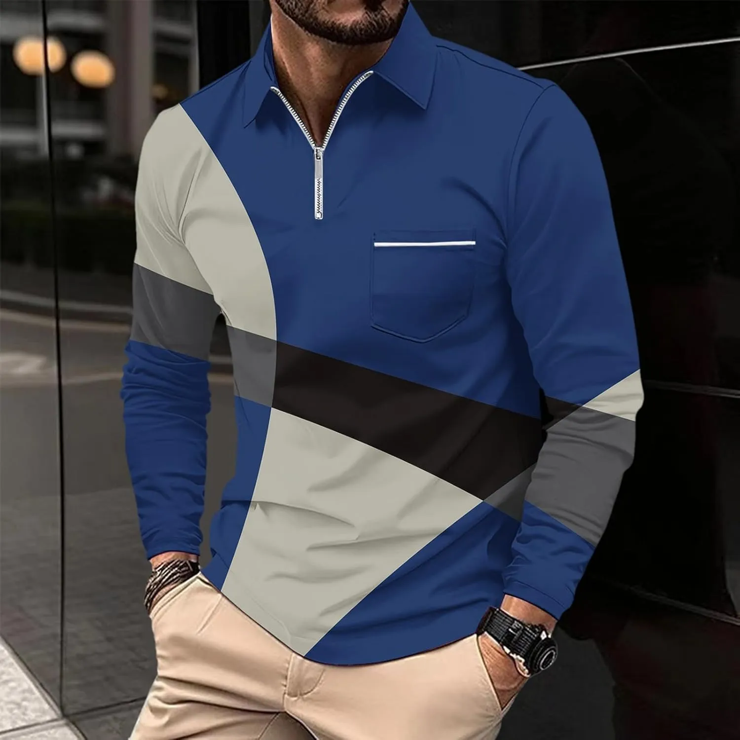 Polo Shirts for Men Cotton Business Fashion Printing Long Sleeve Lapel Zipper Pocket Mens Flannel Shirts Long