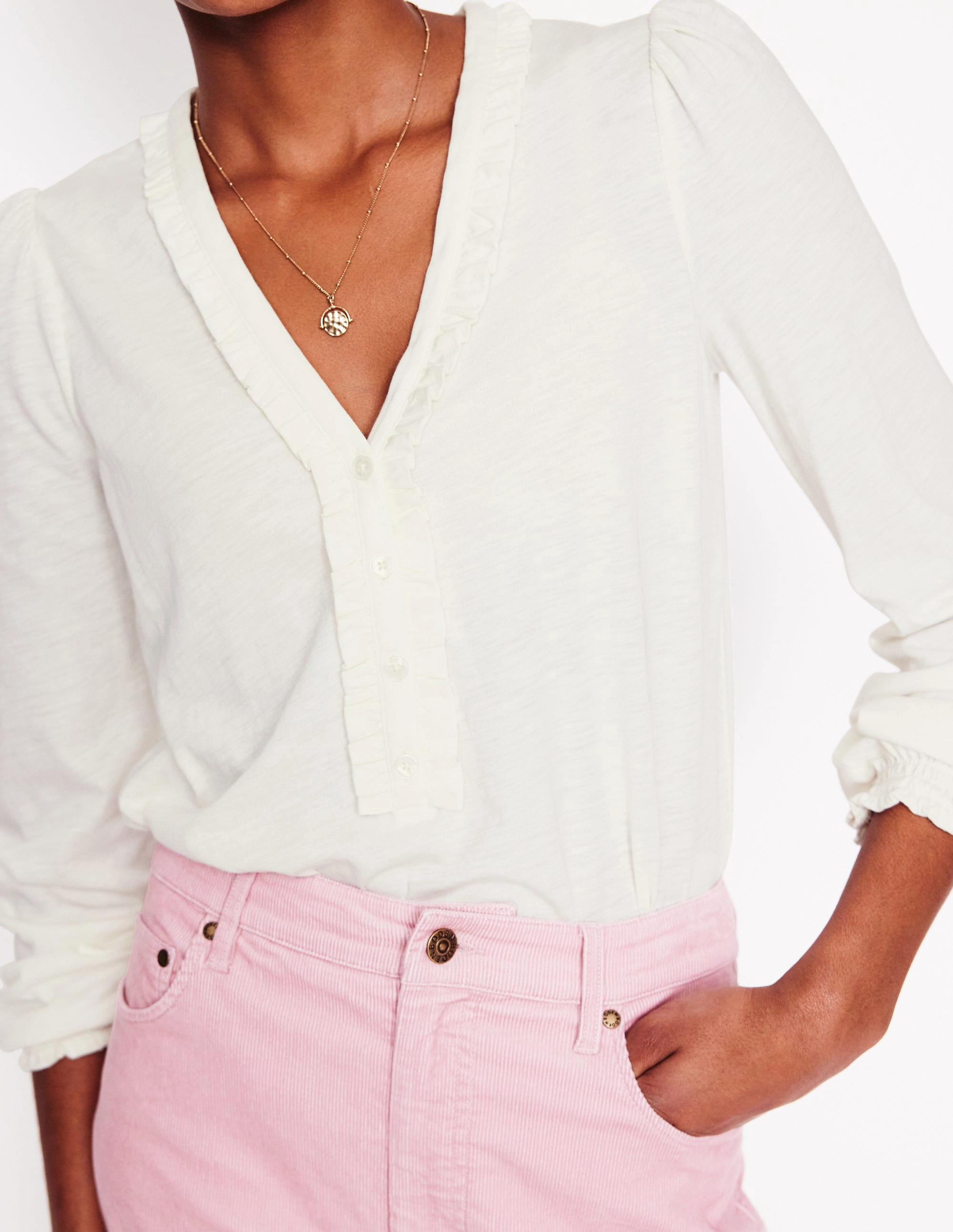 Fashionable Style Durable Binding Poppy Ruffled Henley Top-Ivory