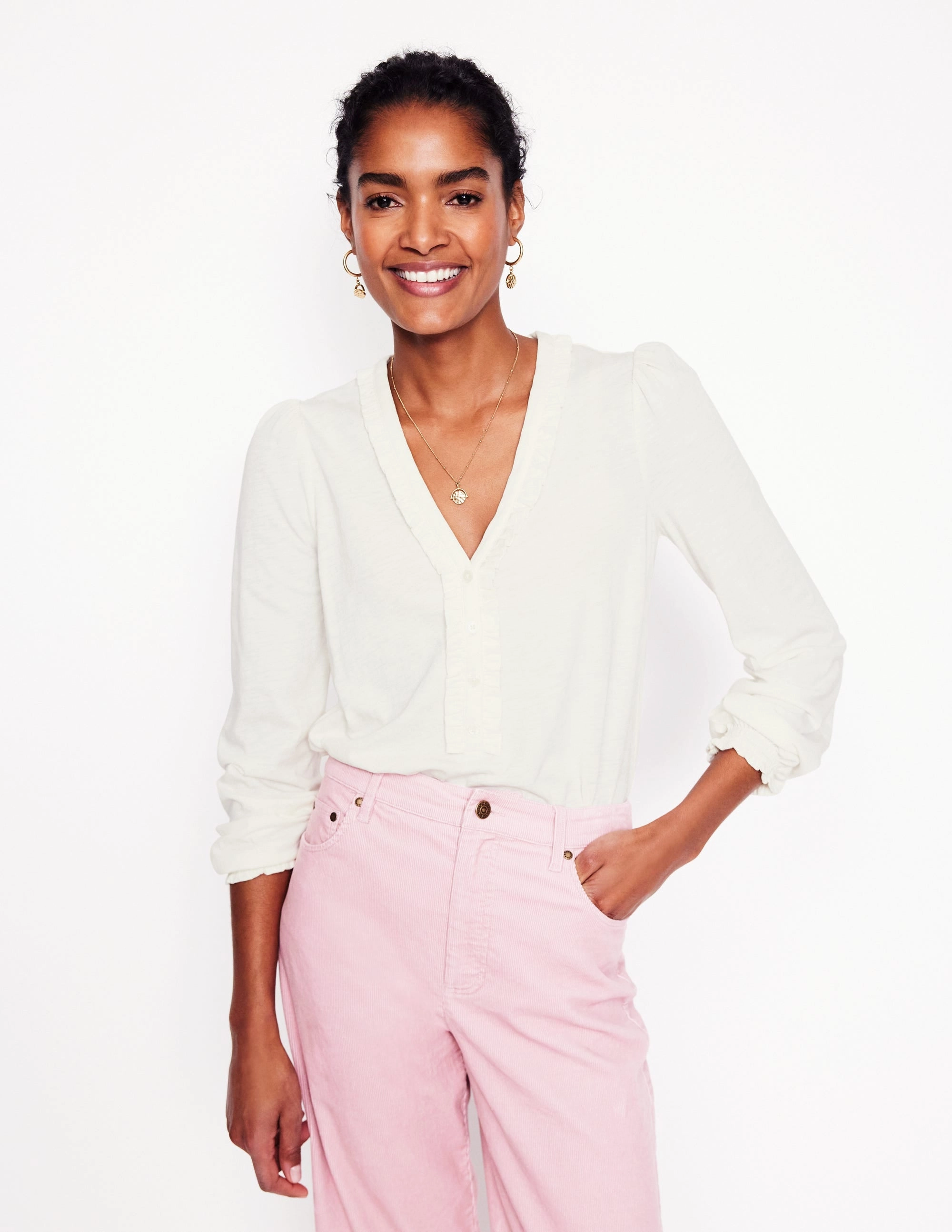 Sustainable Production Certified Poppy Ruffled Henley Top-Ivory