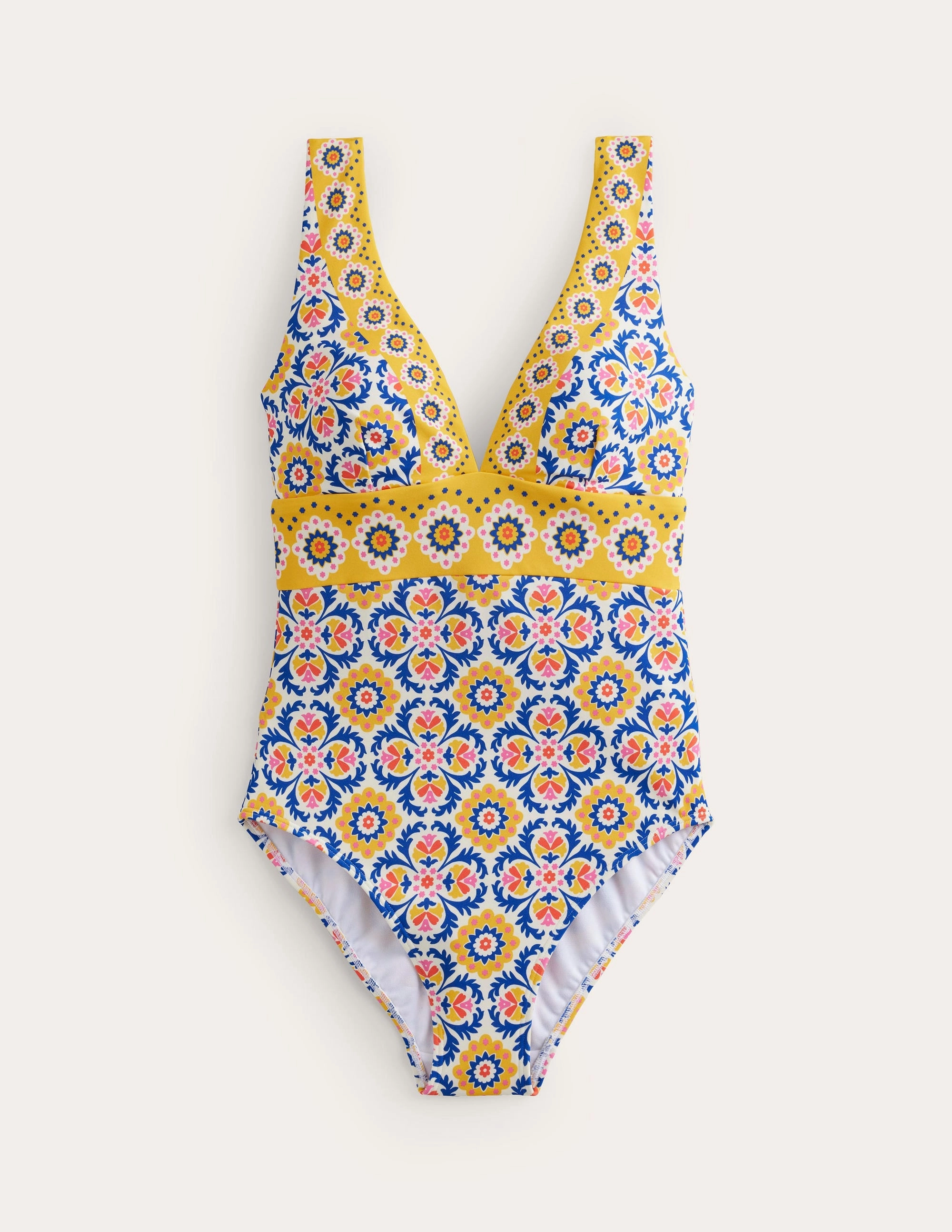 Adjustable Hook Closure Porto V-Neck Swimsuit-Artisan Gold, Mosaic Tile