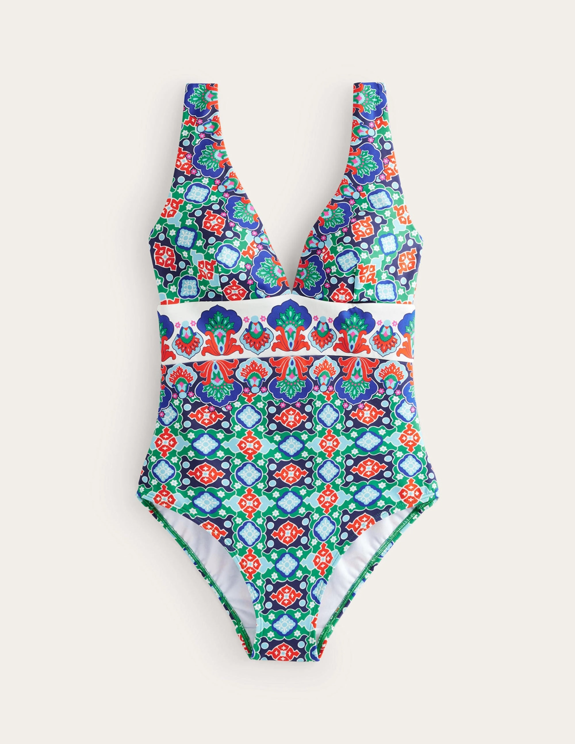 Porto V-Neck Swimsuit-Green Tambourine, Coastal Tile Quick Release Buckles Performance Wear
