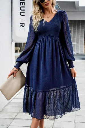 WOMEN LACE HEM V NECK HIGH WAIST SWING DRESS Crystal-Detail