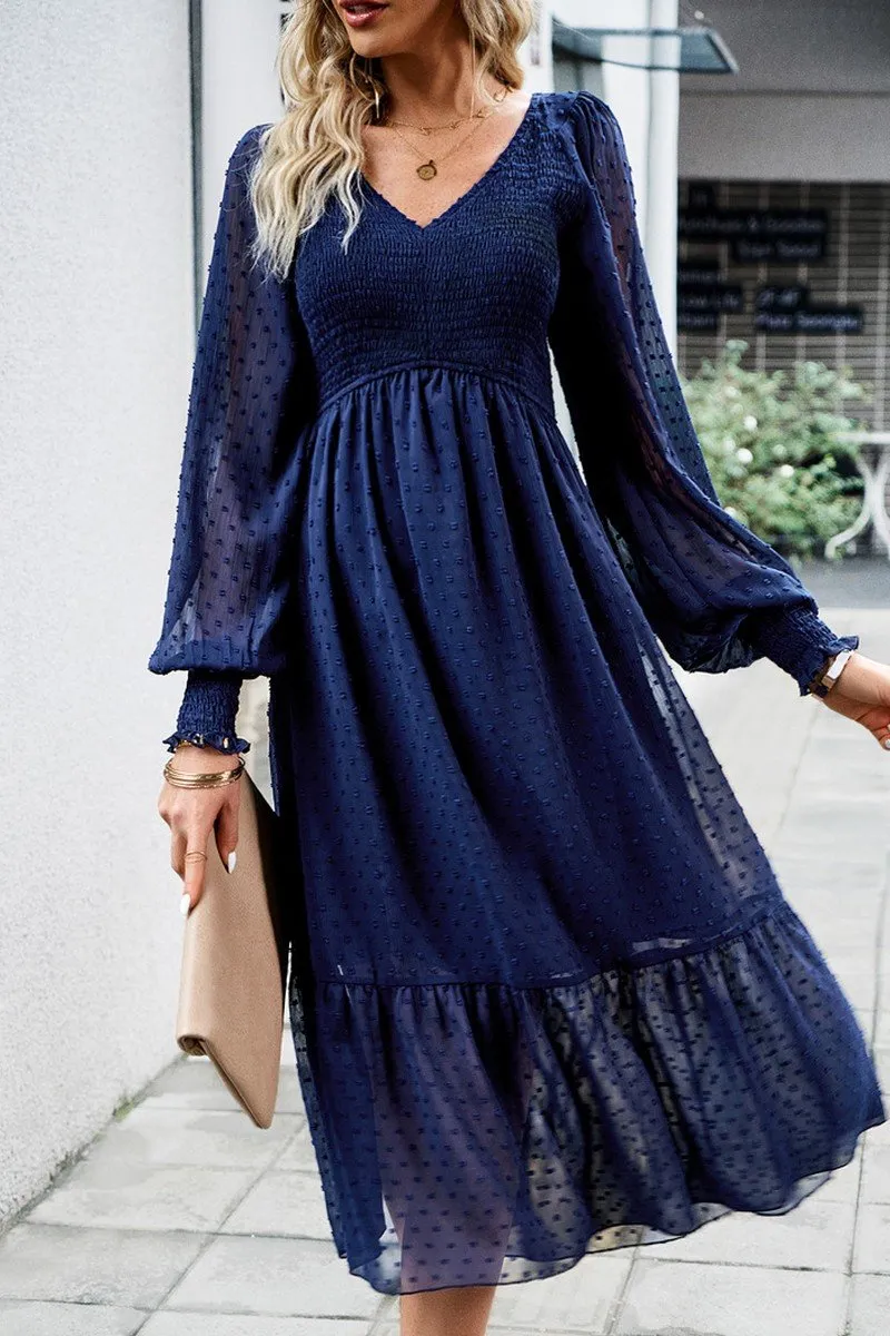 Stain-Guard-Finish Relax Form WOMEN LACE HEM V NECK HIGH WAIST SWING DRESS