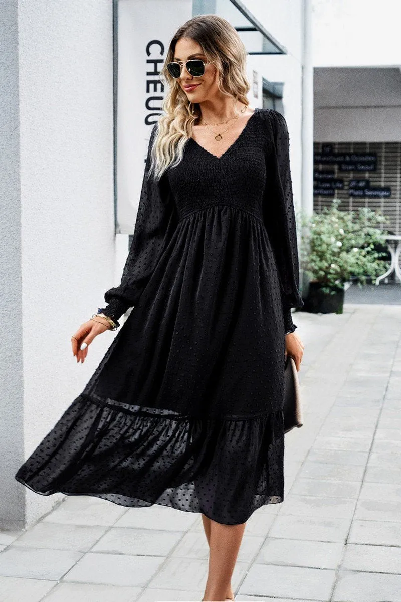 WOMEN LACE HEM V NECK HIGH WAIST SWING DRESS SustainableCotton