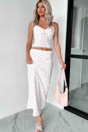 Smart Layering Four Way Stretch Idyllic Afternoon Bias Cut Floral Long Skirt (Pink)