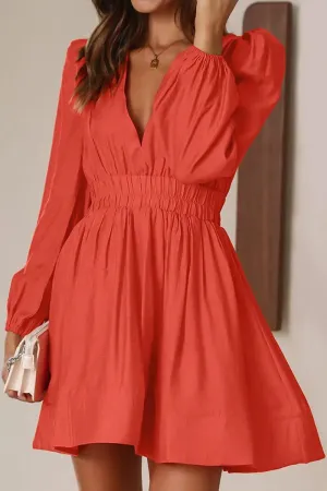 Lace-Edge Korean Mood WOMEN SEXY DEEP V NECK LONG SLEEVE MINI DRESS