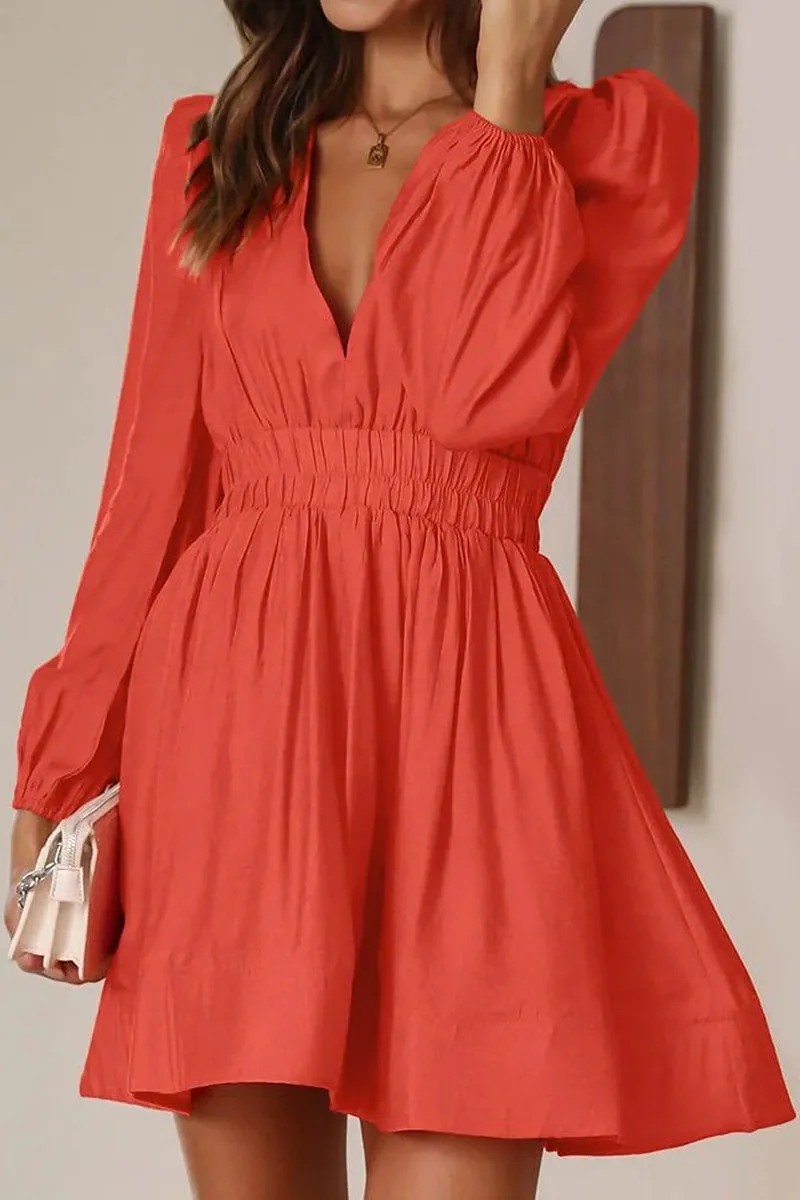 Evening Ready WOMEN SEXY DEEP V NECK LONG SLEEVE MINI DRESS