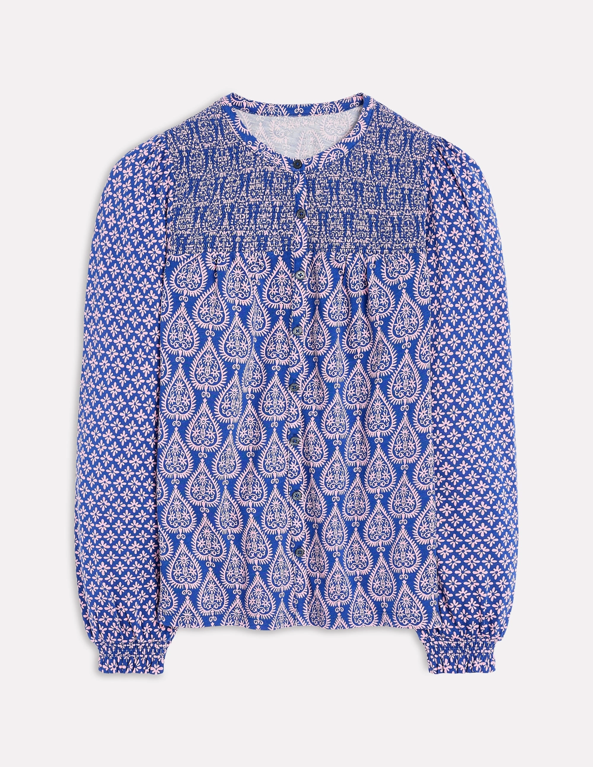 LightweightFabric Thermoregulating Fabric Elsa Smocked Yoke Jersey Shirt-Bright Blue, Ornate Geo