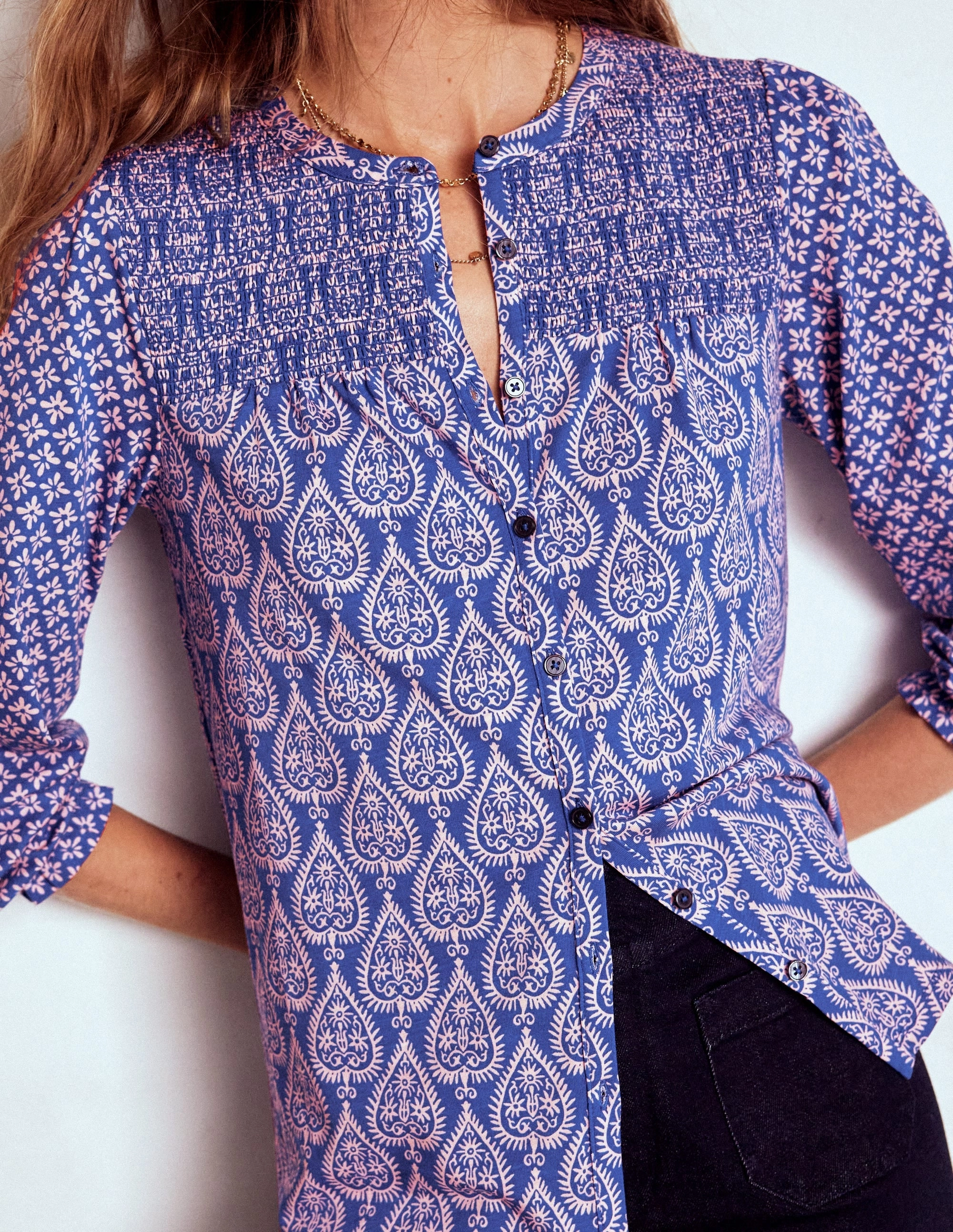 Elsa Smocked Yoke Jersey Shirt-Bright Blue, Ornate Geo PlushLining Relaxed Tee