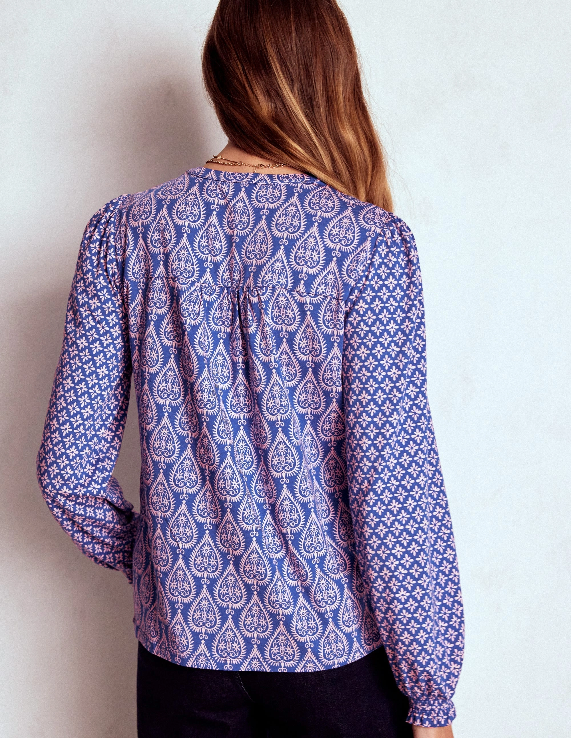 FlexibleNeckline Asymmetrical hem Elsa Smocked Yoke Jersey Shirt-Bright Blue, Ornate Geo