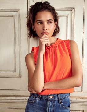 Sophie Ruffle Double Cloth Top-Gladioli Orange Fashion Blouse