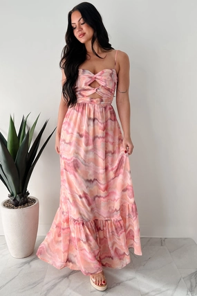I Hope You Think Of Me Marble Printed Maxi Dress (Pink Multi) Belted-Style Wide Hemline