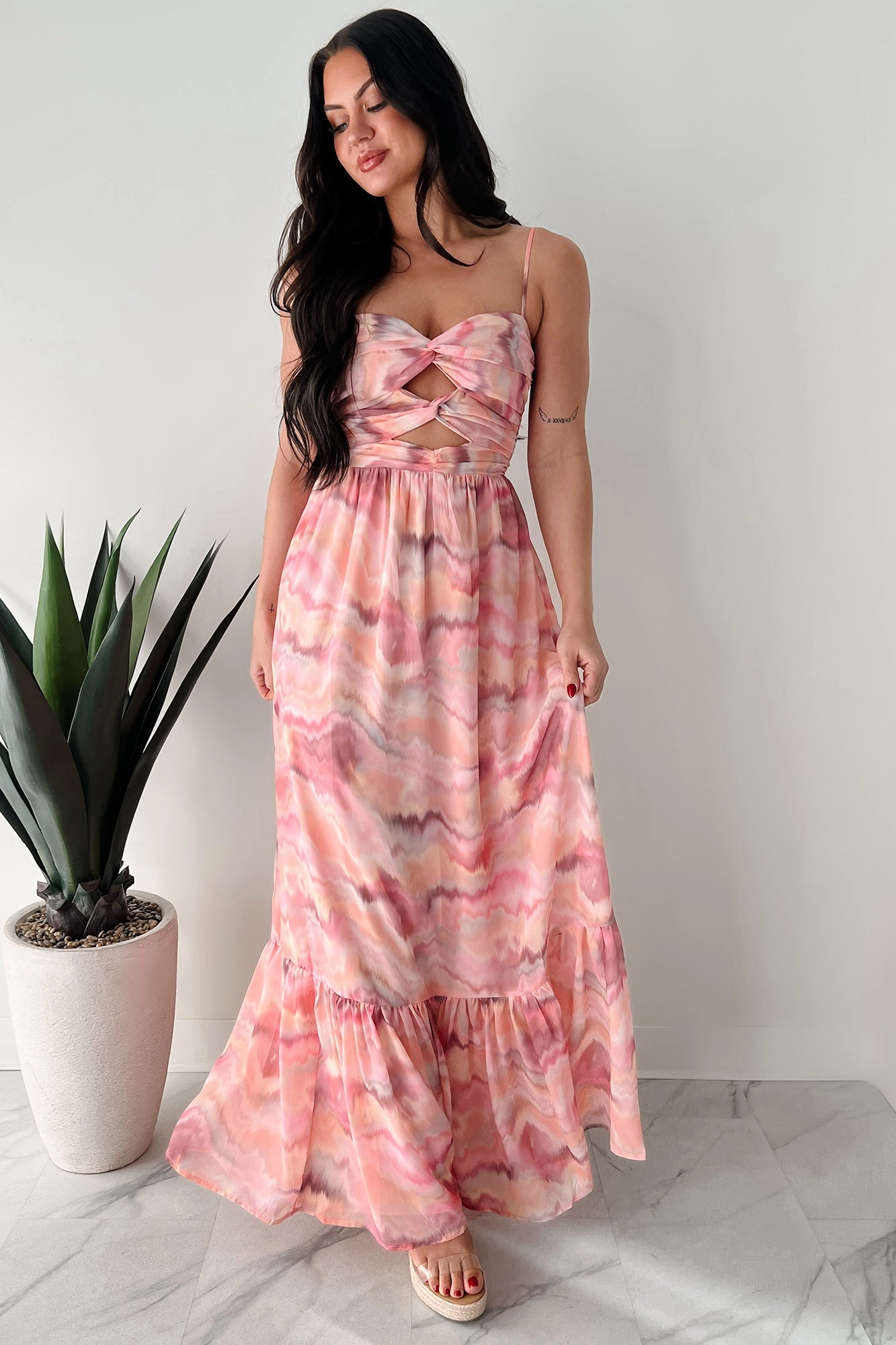 I Hope You Think Of Me Marble Printed Maxi Dress (Pink Multi) Sharp Motion Urban Touch