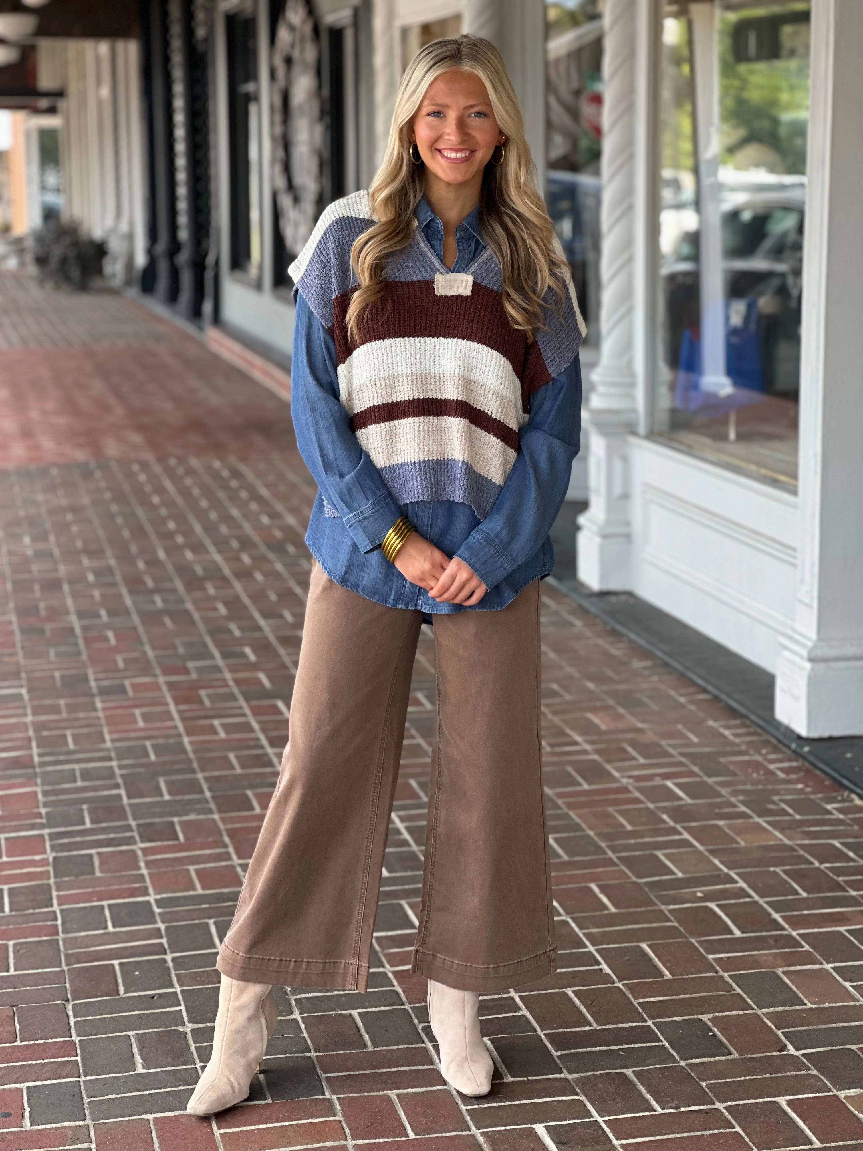 Multicolor Striped Cap Sleeve Sweater in Frosted Mocha Erasable Surface Coating Casual Tee