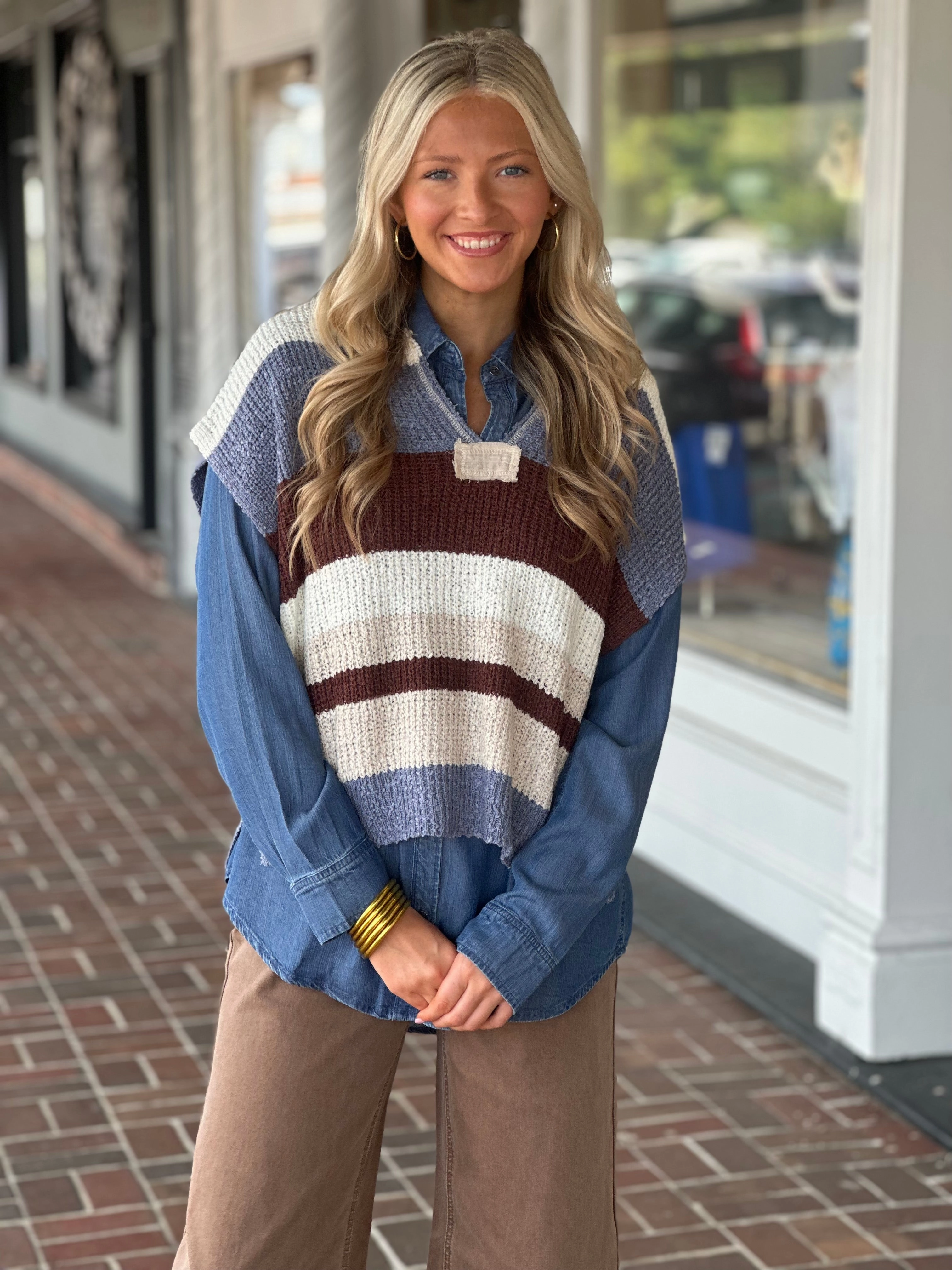 Multicolor Striped Cap Sleeve Sweater in Frosted Mocha V-neck Shirt