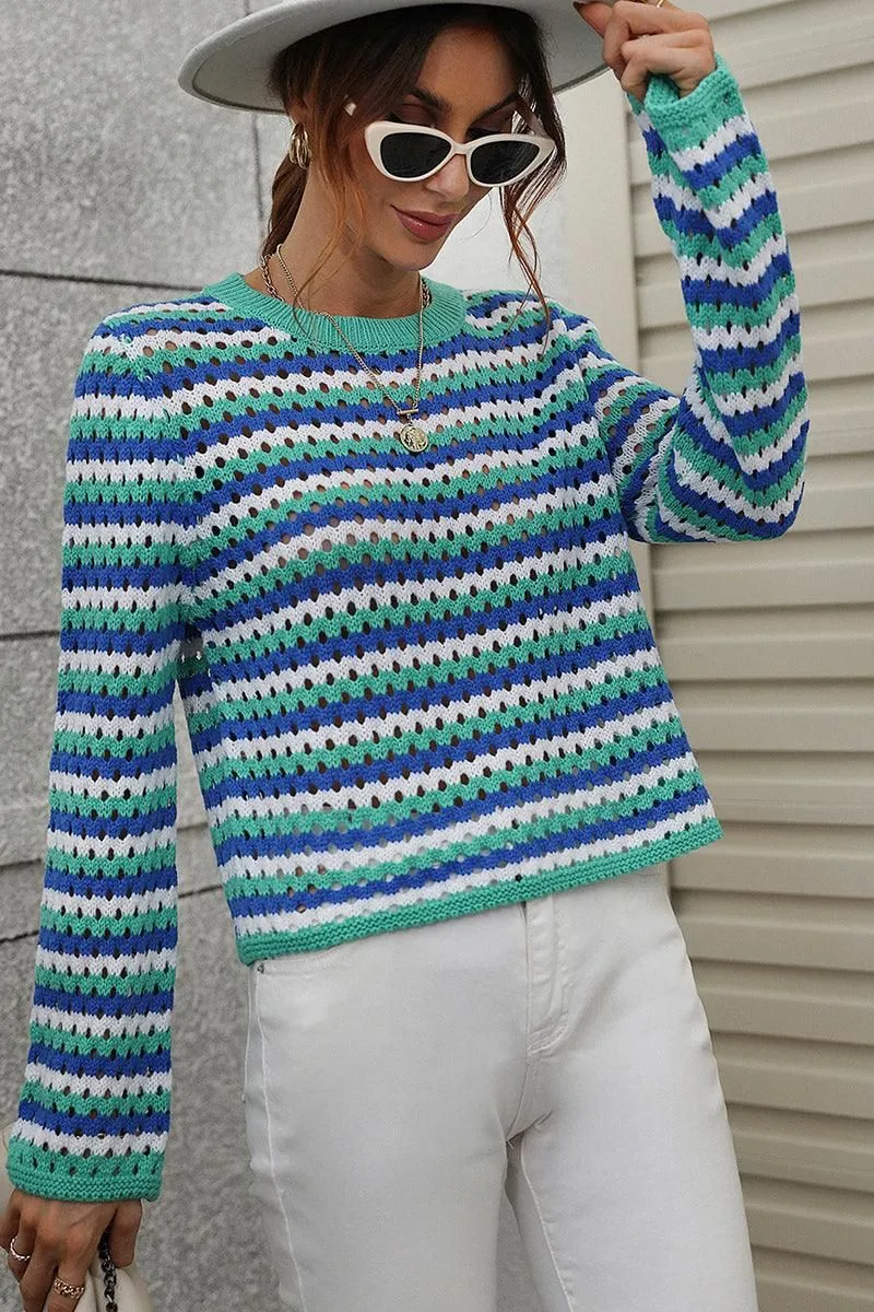 COLORED STRIPE KNIT SWEATER TOP Stretch Fit Engineering