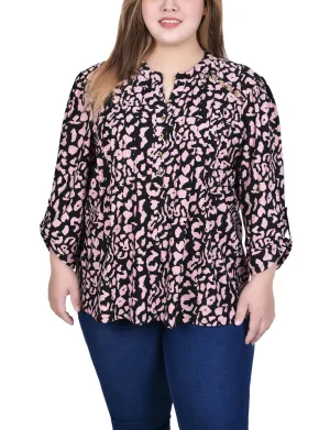 High Neck Design Plus Size Long Sleeve Pintuck Front Top With Chain Details