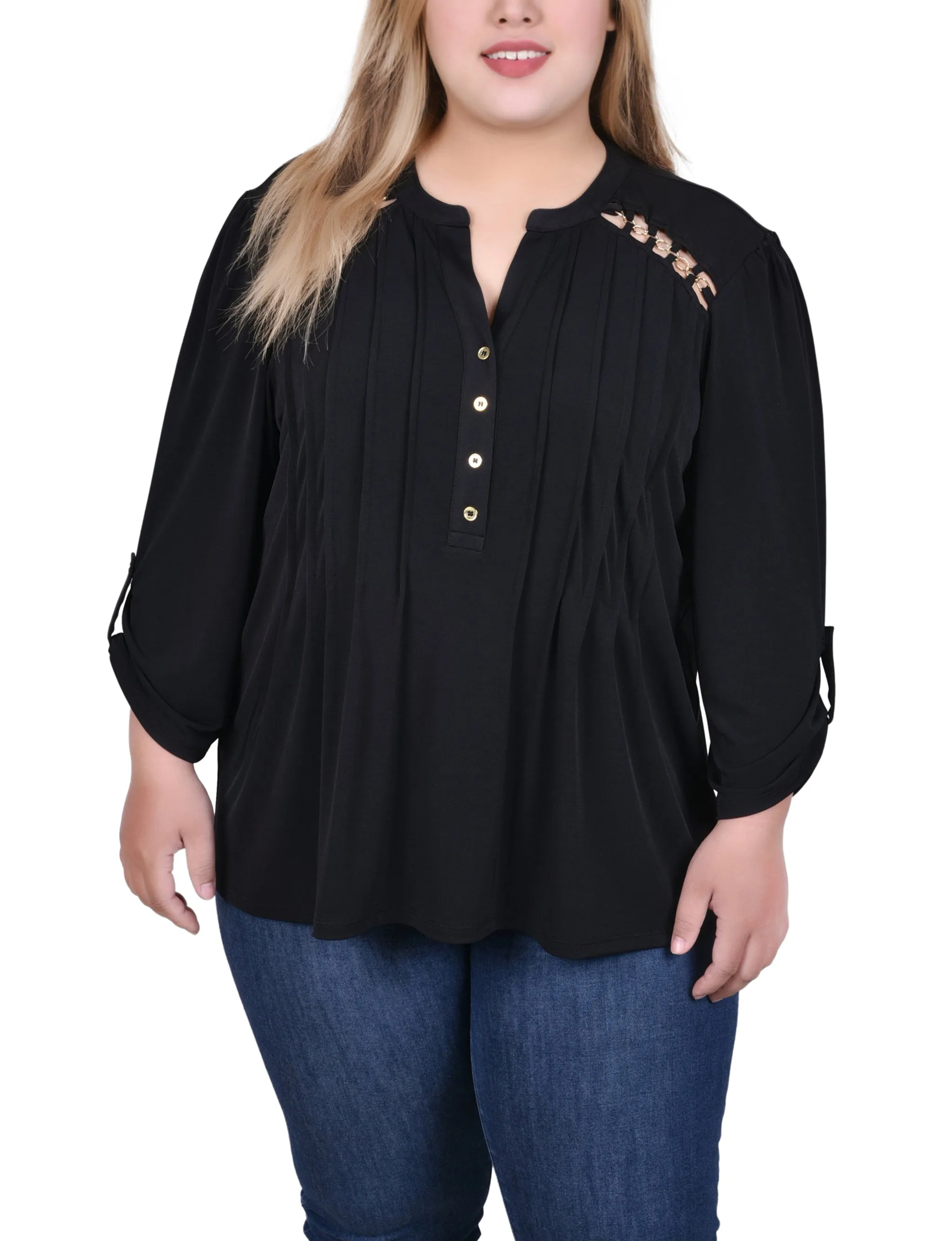Weighted Hem Trim Plus Size Long Sleeve Pintuck Front Top With Chain Details