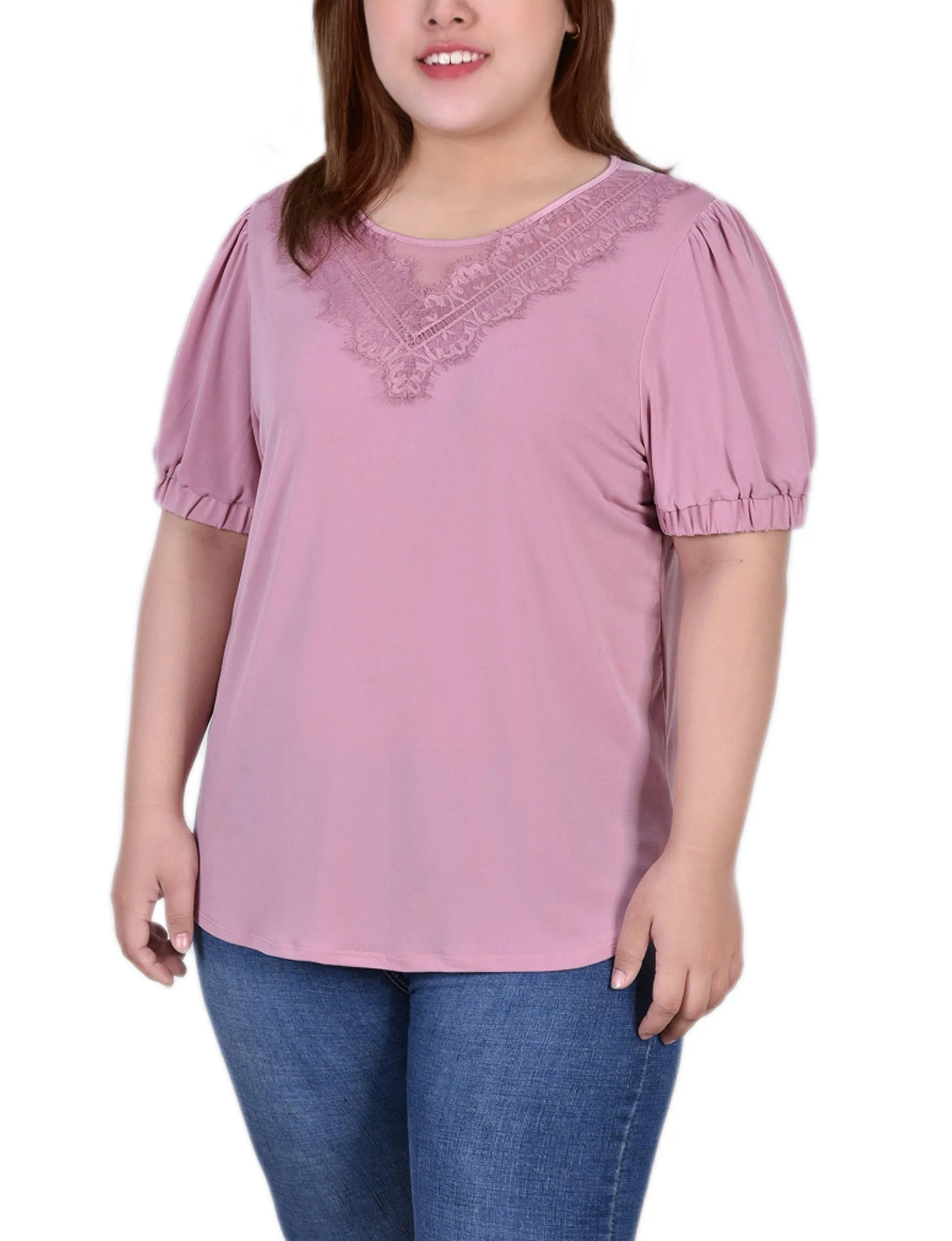 Weighted Hem Trim Plus Size Short Puff Sleeve Top With Lace