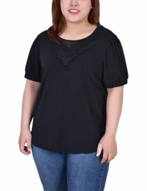 Plus Size Short Puff Sleeve Top With Lace OdorResistant Technology Stretch Material