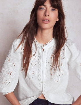 Loose Sweater Alicia Cutwork Linen Top-White, Cutwork Embroidery