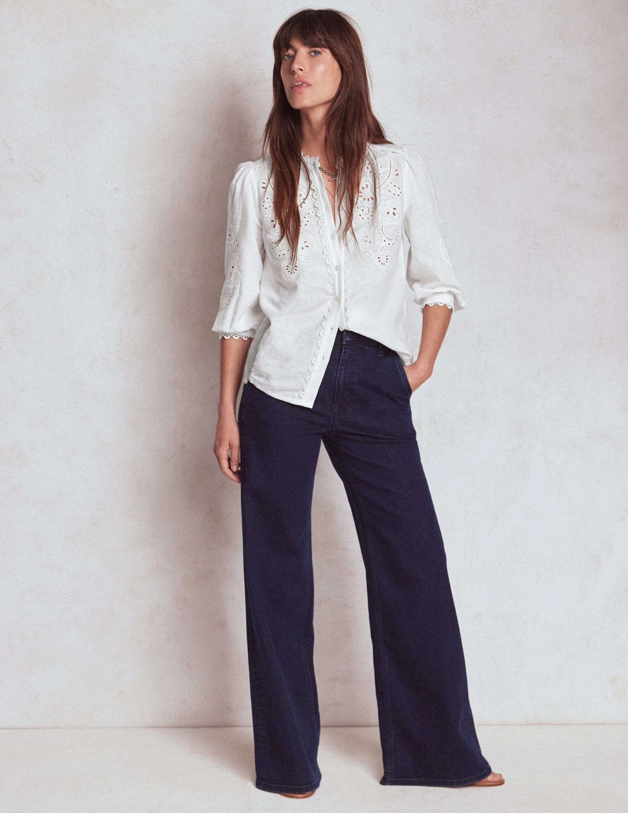 Alicia Cutwork Linen Top-White, Cutwork Embroidery Reinforced Elbow Patches Basic Sweatshirt